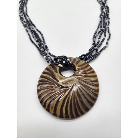 Boho Multi Strand Seed Bead Necklace w/Circle Disc Wood Pendant - Picture 3 of 10
